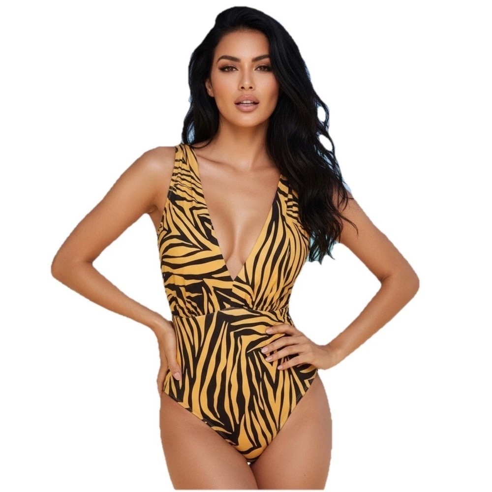 Swim RX Woman’s Sz XS Tiger Stripe Plunge Halter Swim Suit Gold Black SEXY PARTY